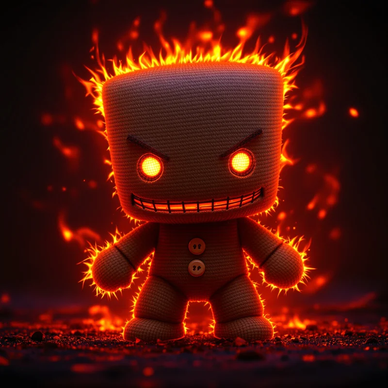 Sackboy PFP with fire aura and burning yarn edges