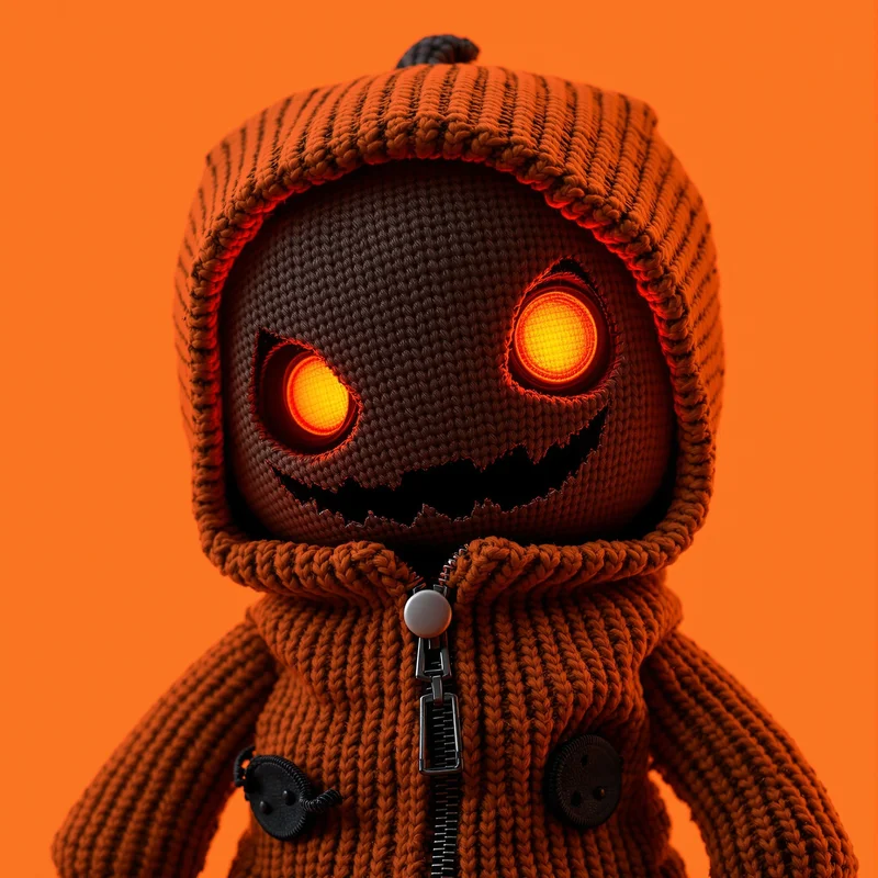 Halloween Sackboy PFP with pumpkin stitch and spooky glow