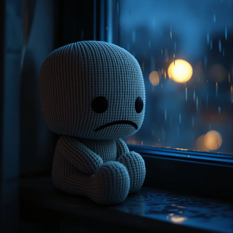 Sad Sackboy PFP with rainy window and lonely plush mood
