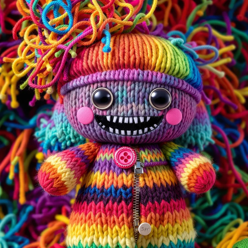 Rainbow Sackboy PFP with colorful yarn and happy expression
