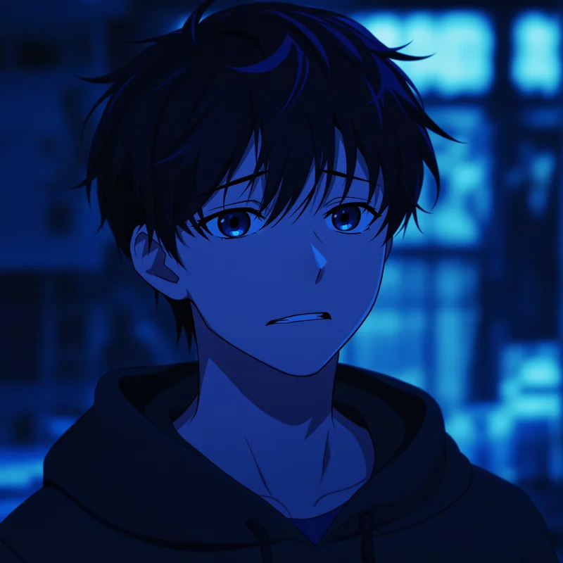 sad anime pfp with blue indoor light and quiet loneliness