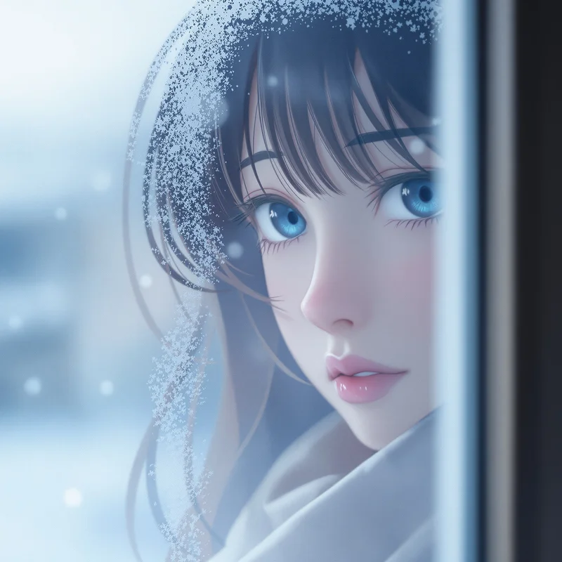sad anime pfp with cold winter light and distant emotion