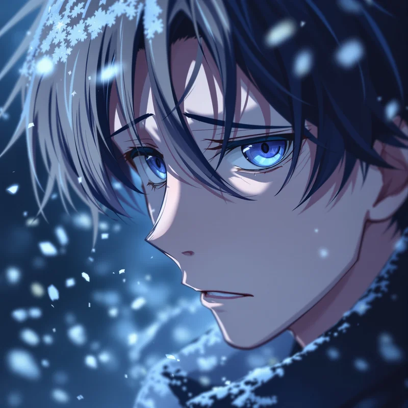 sad anime pfp with winter particles and cold cinematic emotion