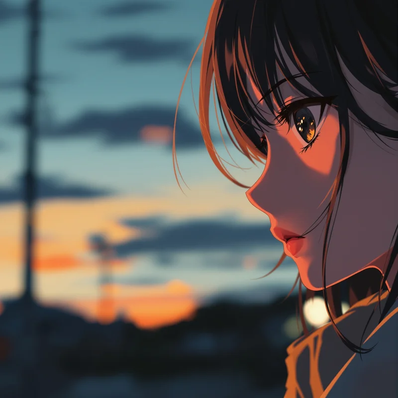 sad anime pfp with warm sunset light and fading expression