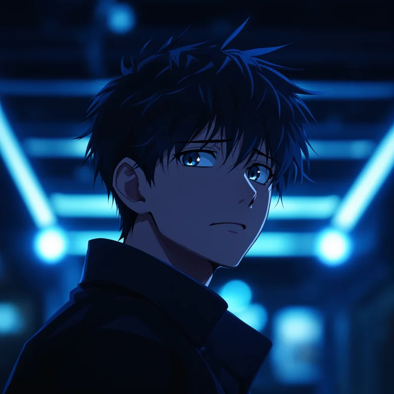 sad anime pfp with late train mood and reflective blue lighting