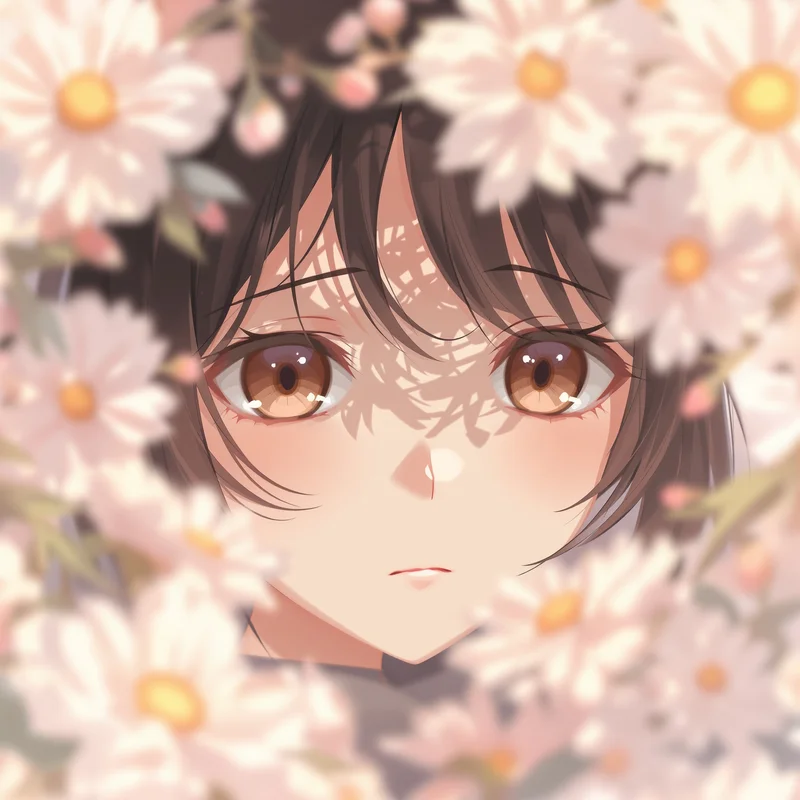 sad anime pfp with floral softness and detached emotion