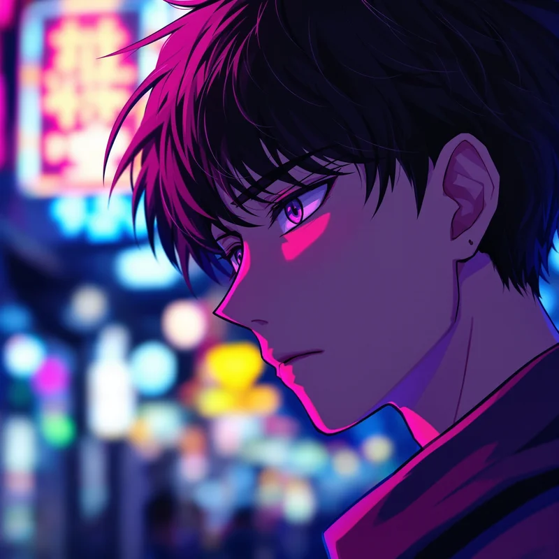 sad anime pfp with neon glow and urban loneliness
