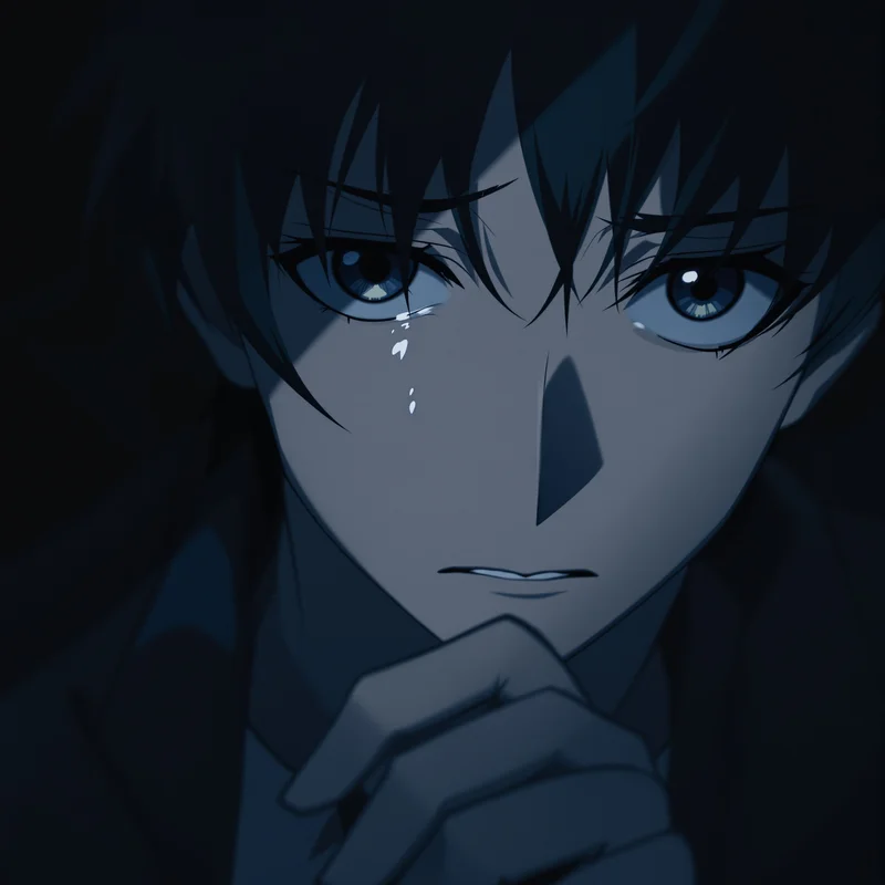 sad anime pfp with restrained tears and soft shadow contrast