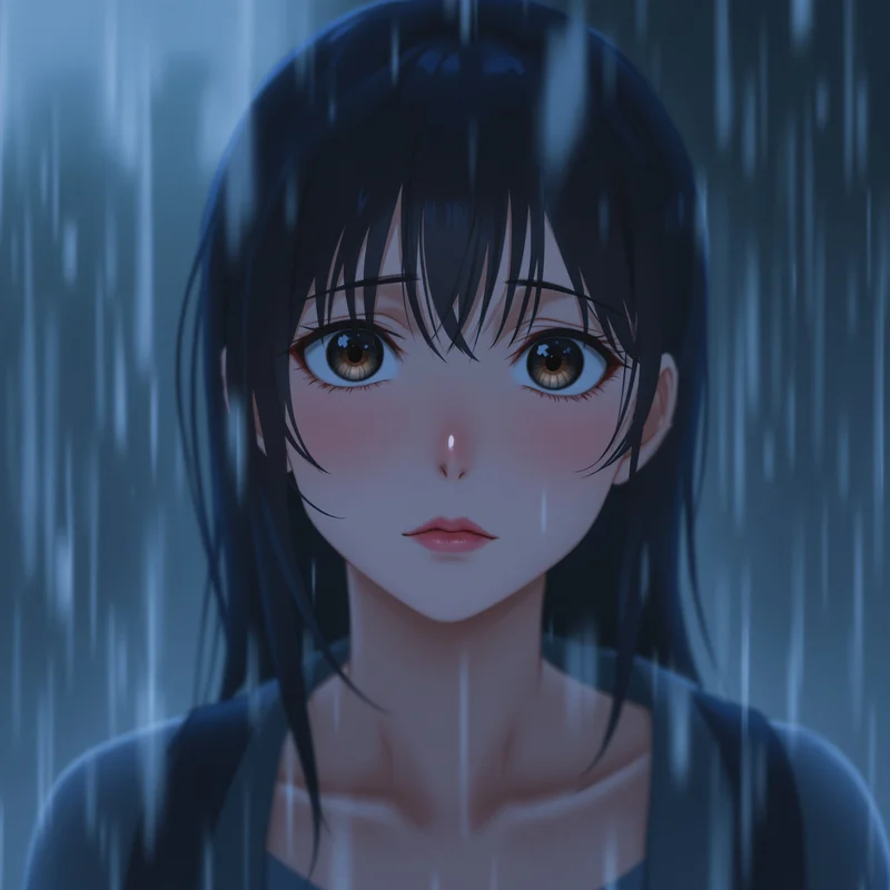 sad anime pfp with rain reflections and emotional eyes