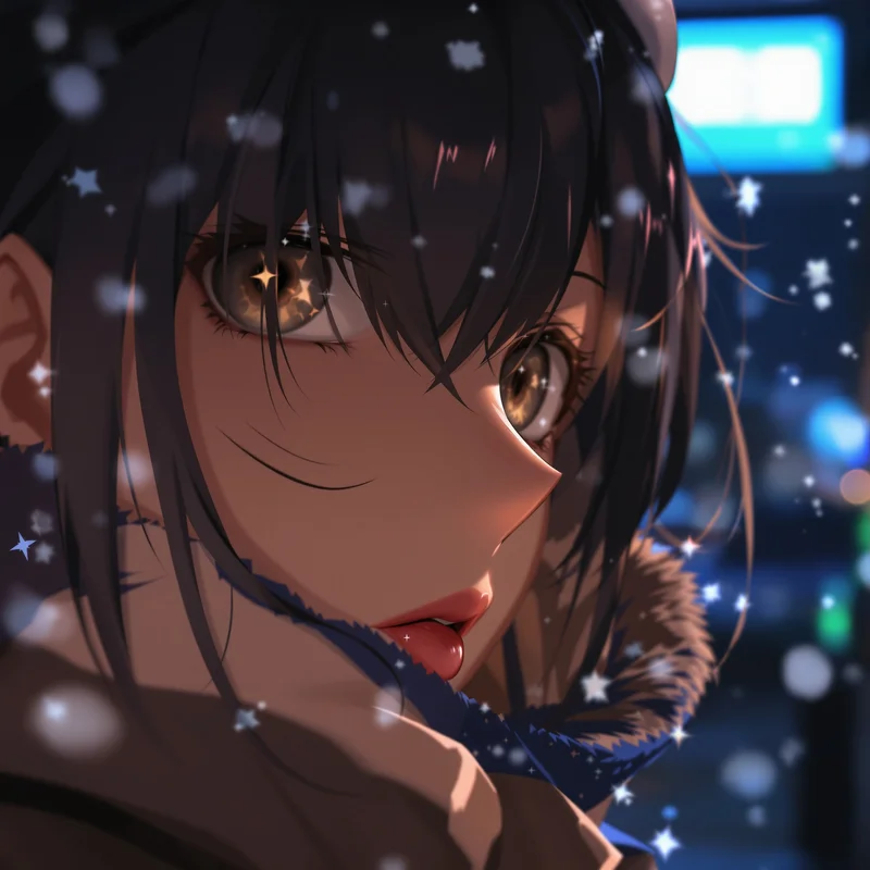 Sad anime profile image with neon rain and strong eye focus