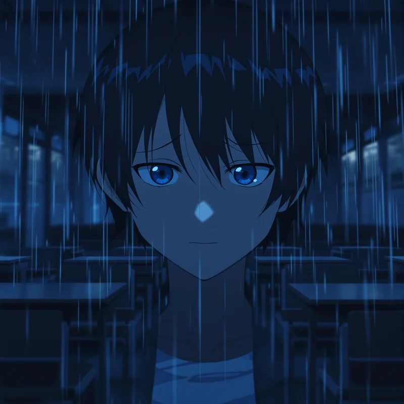 Sad anime PFP avatar with rainy window scene and clear face