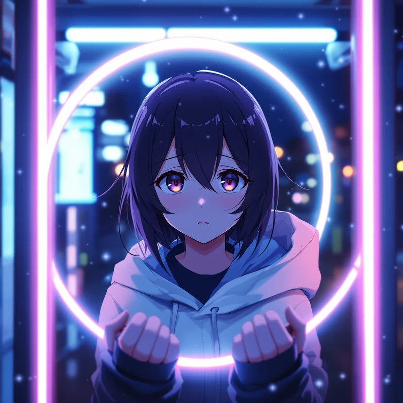 Sad anime avatar with phone light glow and tight crop