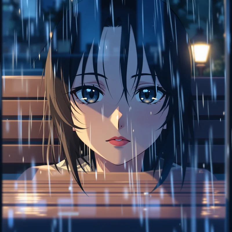 Sad anime profile image with neon rain and strong eye focus
