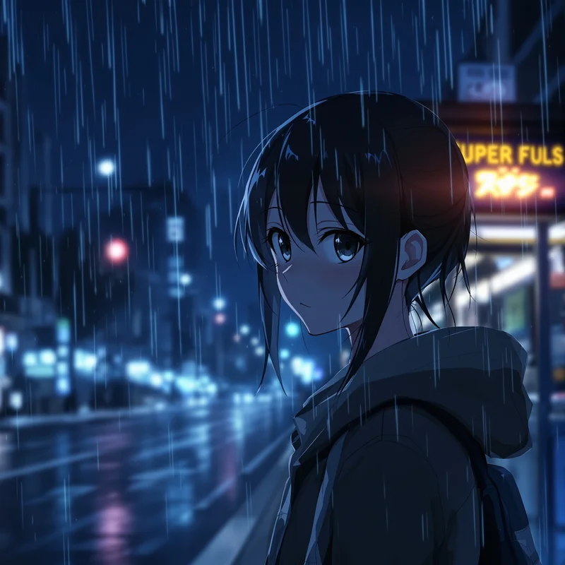 Anime avatar with night bus stop mood and readable headshot