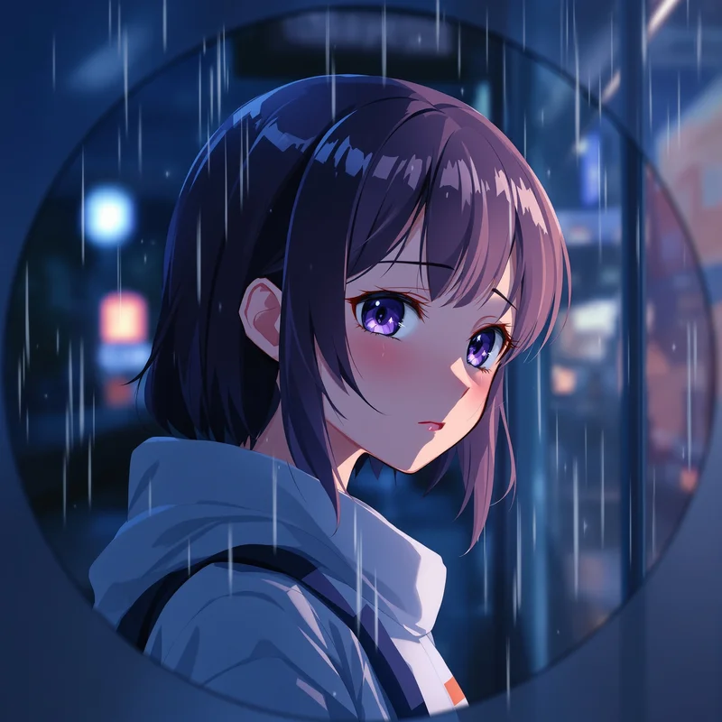 Sad anime PFP with rooftop rain and centered face clarity