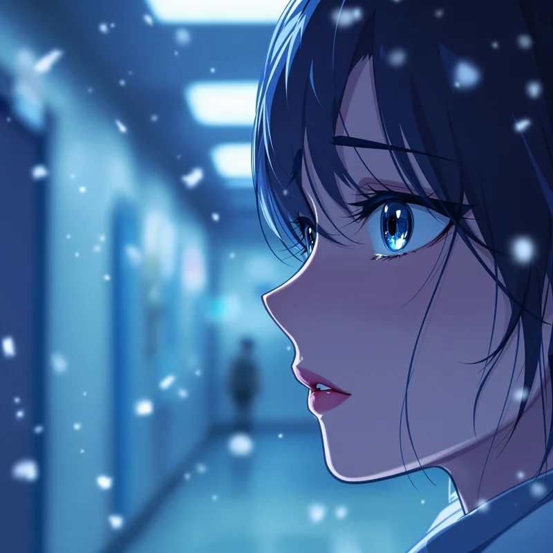 Sad anime PFP with rooftop rain and centered face clarity