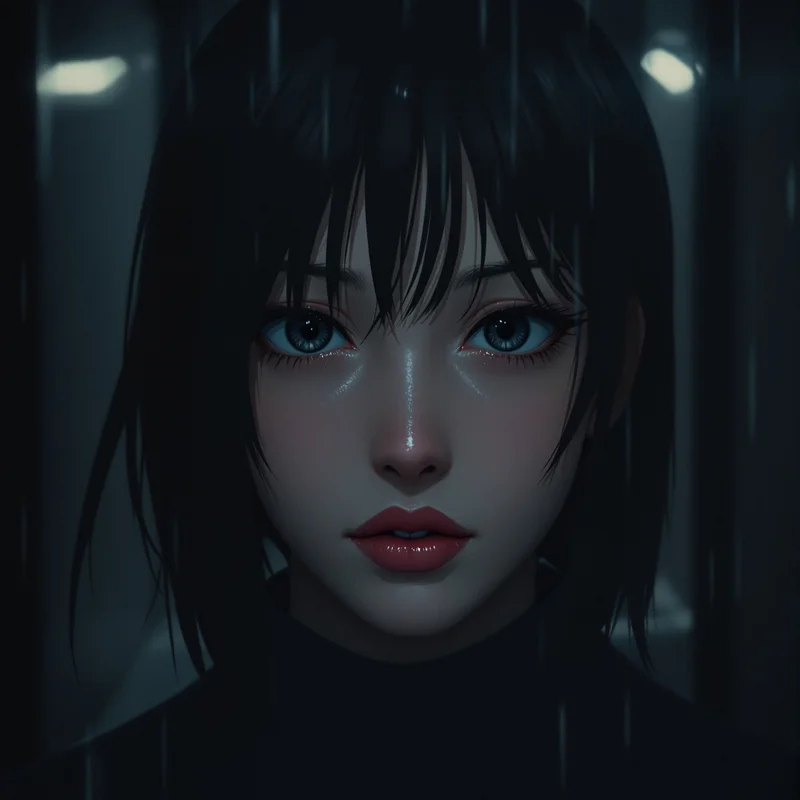 Sad anime profile image with neon rain and strong eye focus