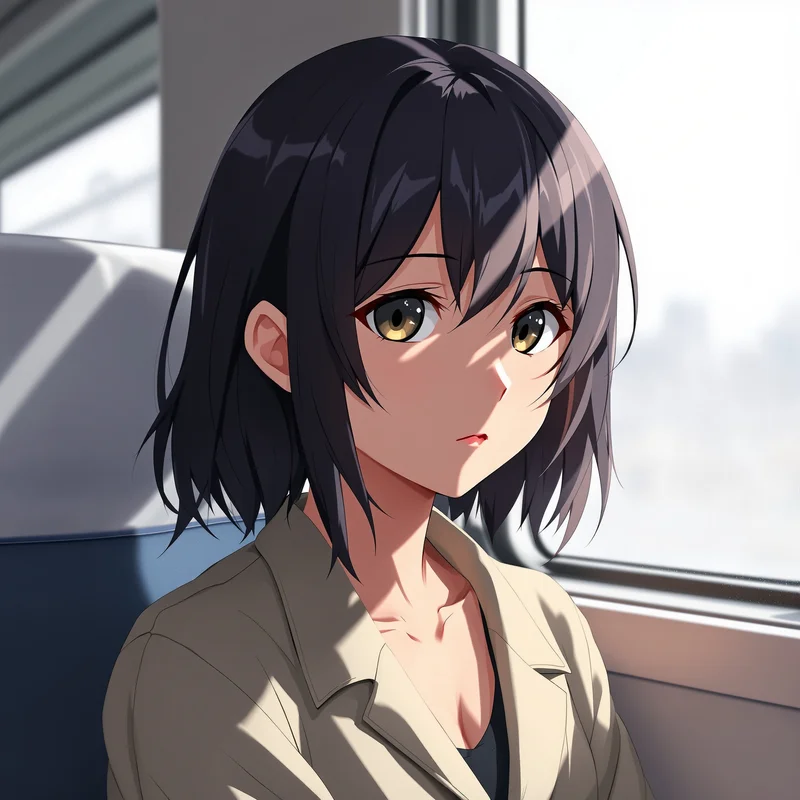 Anime PFP with city window gaze and readable face