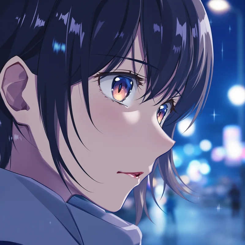 Sad anime profile image with neon rain and strong eye focus