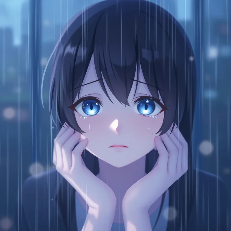 sad anime PFP portrait with minimal background for avatar display