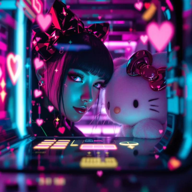 cyber pink sanrio pfp with neon digital kawaii energy