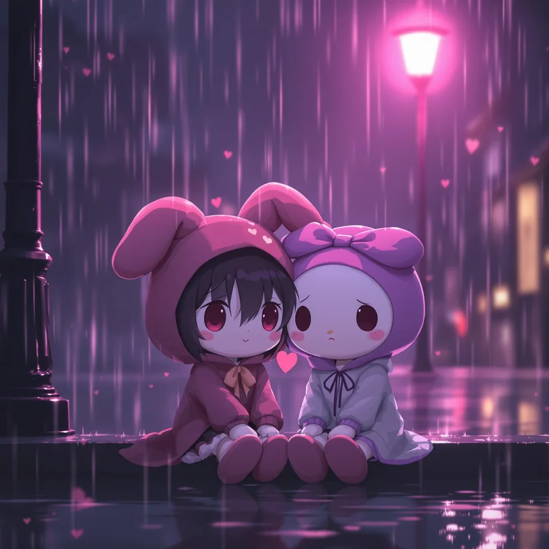 emo sanrio pfp with dark pink emotional kawaii mood