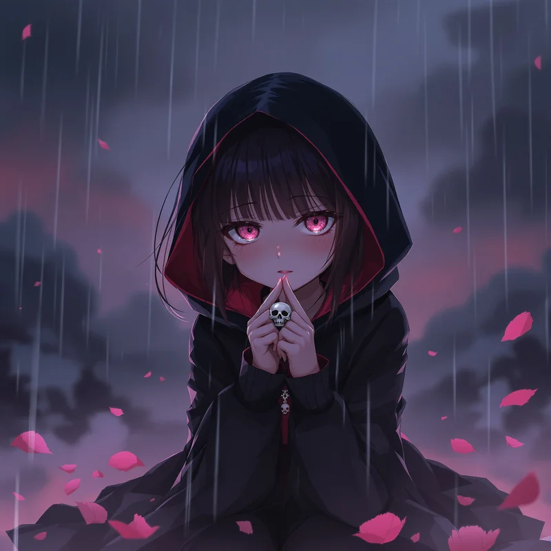 emotional kuromi pfp with dark pink gothic sadness