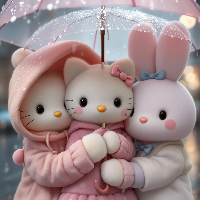 rainy kawaii sanrio pfp with soft pastel emotional atmosphere