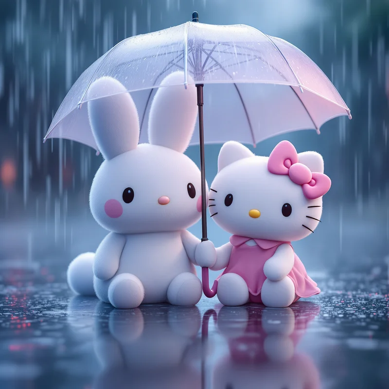 rainy sanrio pfp with emotional pastel rain mood