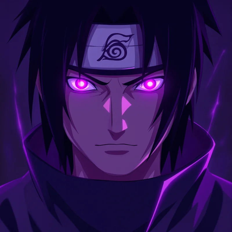 centered Sasuke PFP portrait with purple energy accents for aesthetic profile icon