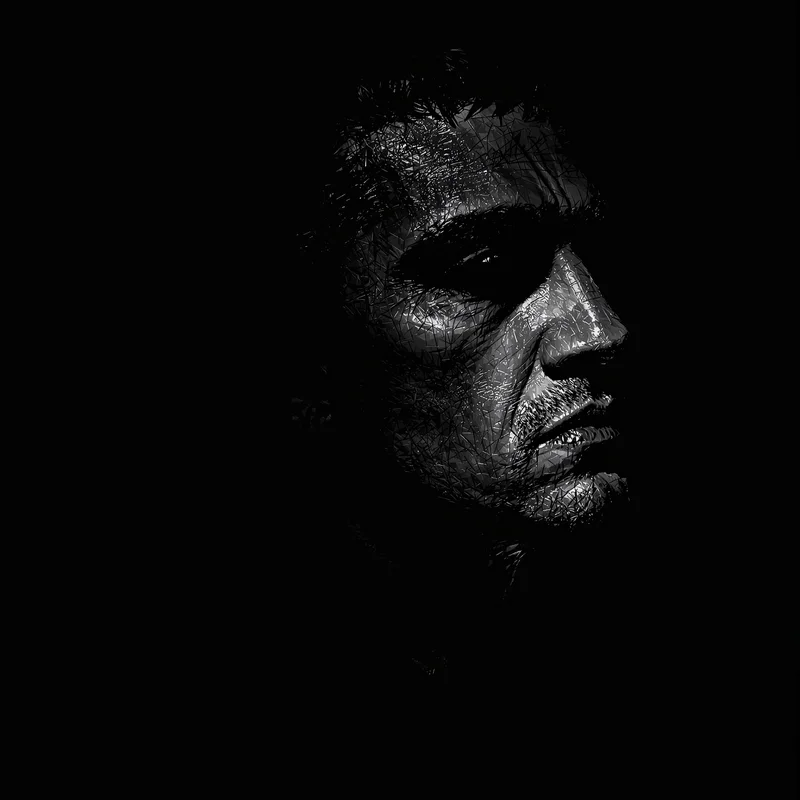 Scarface digital identity image with cold stare and cinematic crime-lord atmosphere