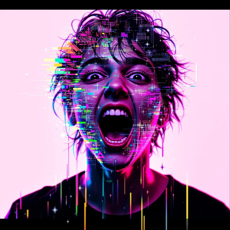 bright chaotic avatar with layered icons for digital identity