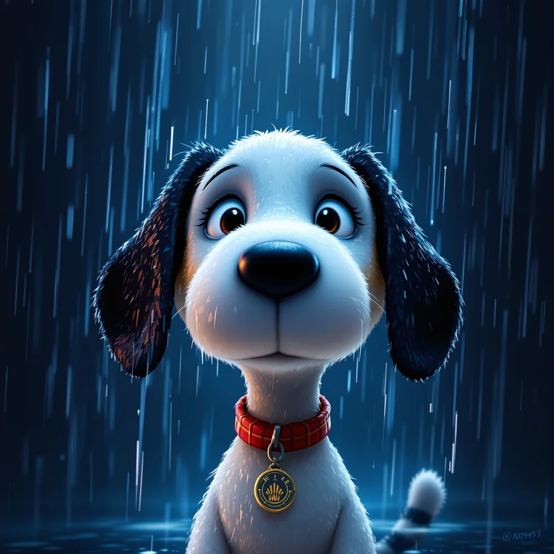 rainy snoopy pfp with emotional rain atmosphere