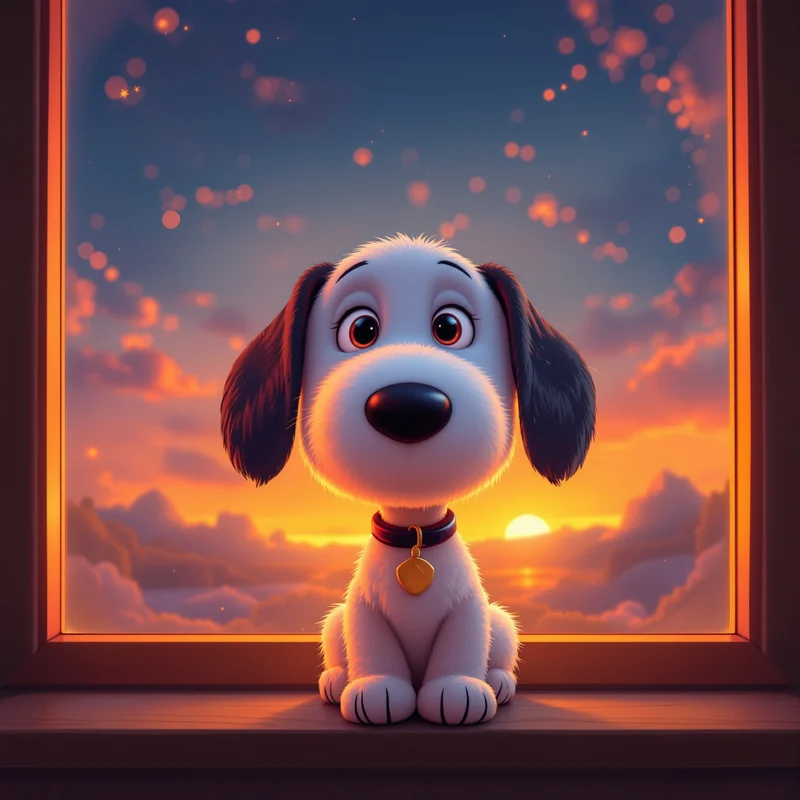 sunset window snoopy pfp with nostalgic orange glow
