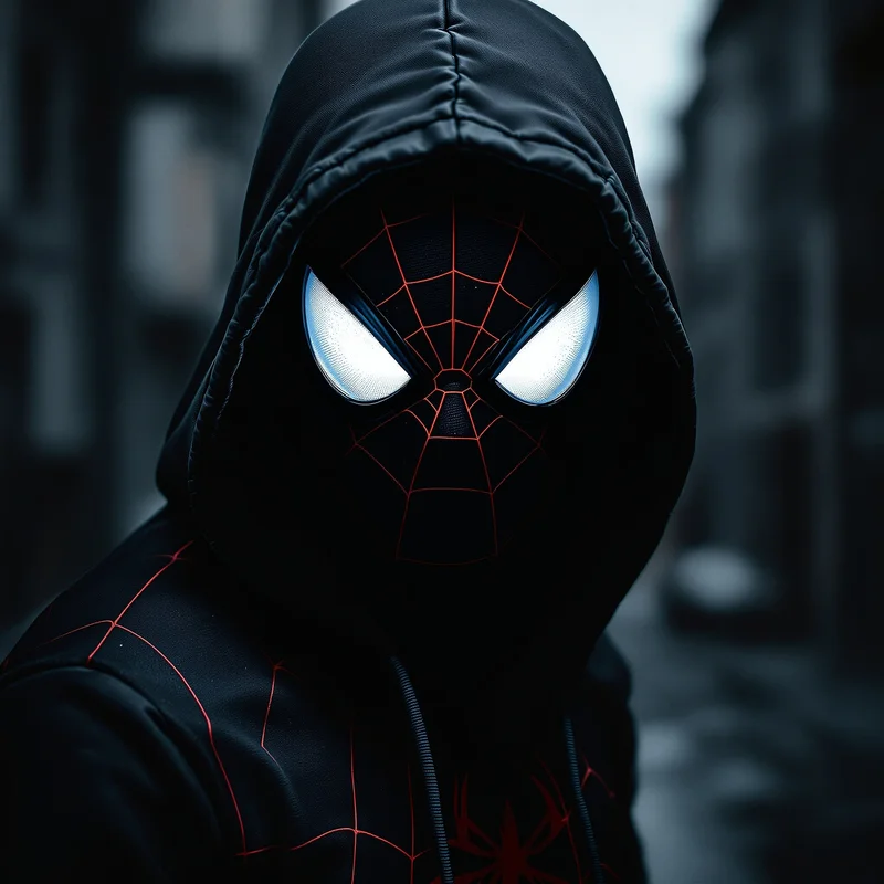 dark hoodie spider man pfp with glowing eyes