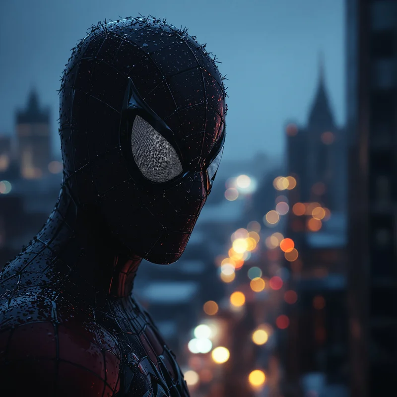lonely rooftop spider man pfp with emotional city atmosphere