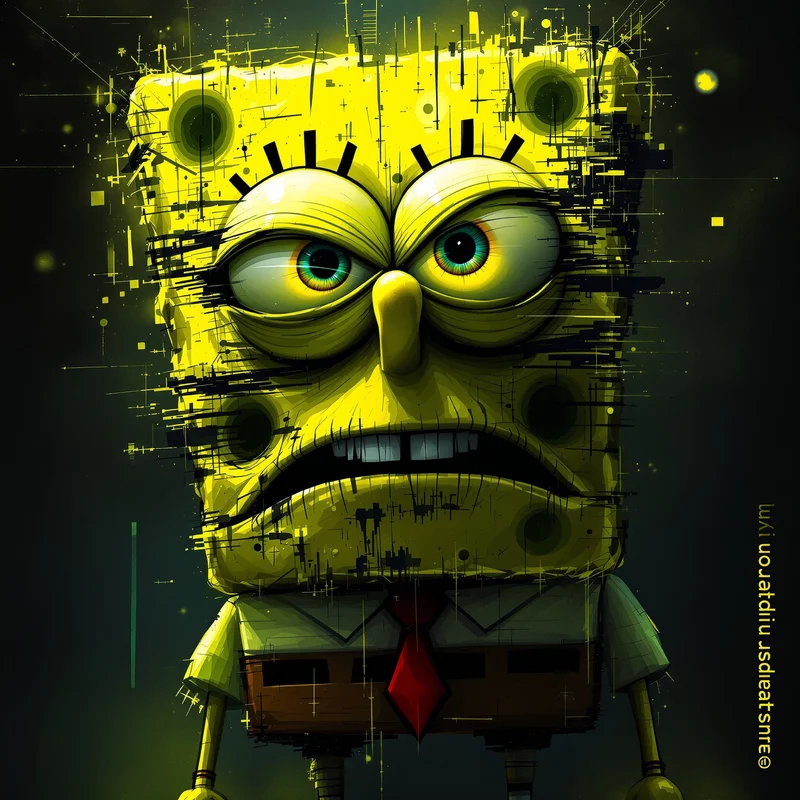 distorted spongebob pfp with surreal glitch face