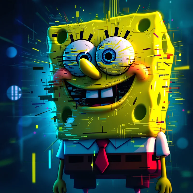 glitch spongebob pfp with cyber meme aesthetics