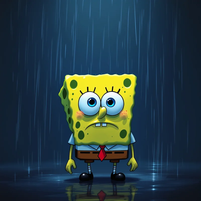 rainy spongebob pfp with emotional meme rain atmosphere