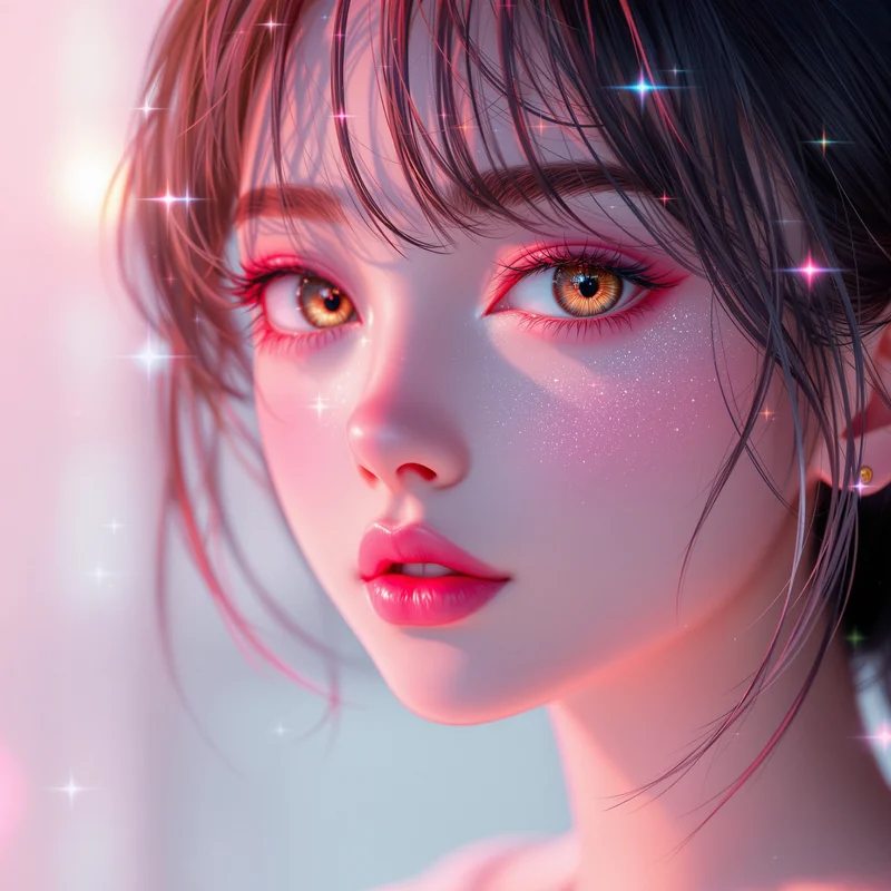 soft tiktok anime girl pfp with pink glow and glossy eyes
