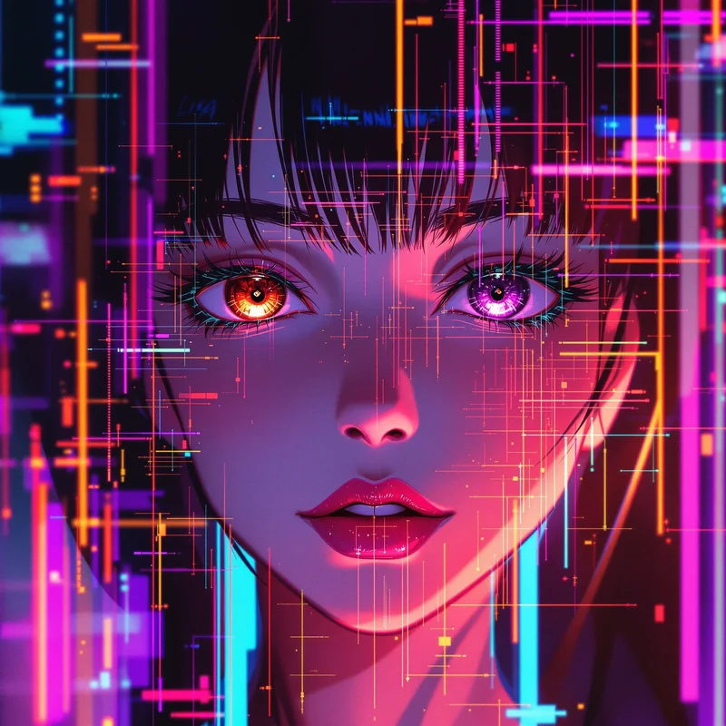 glitchcore tiktok anime pfp with cyber distortion