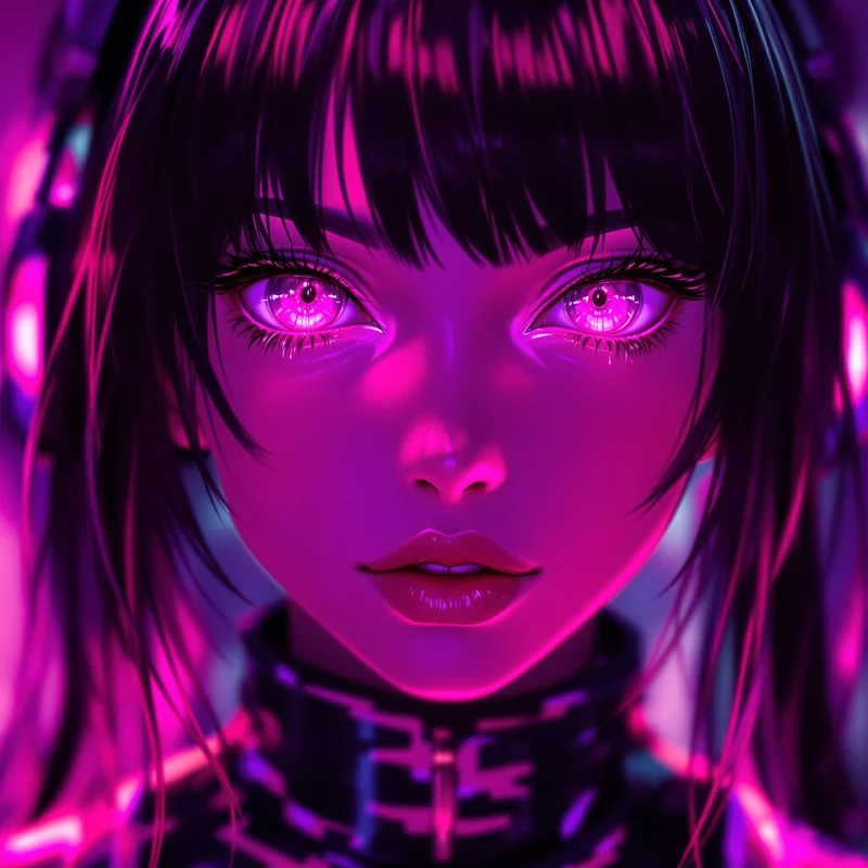 neon tiktok anime girl pfp with pink purple cyber glow