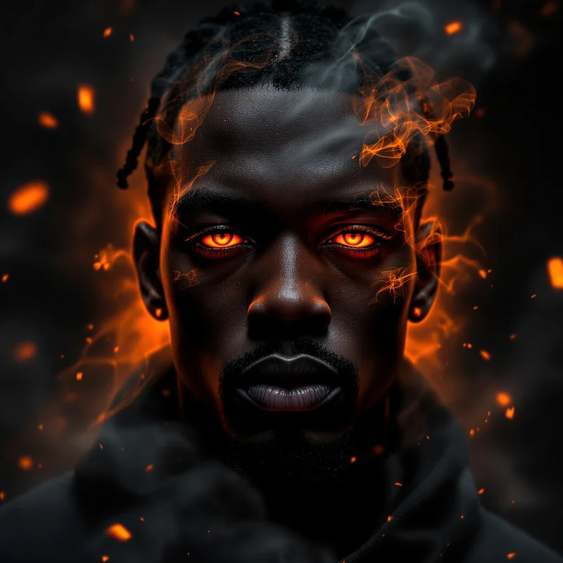 black orange rage travis scott pfp with cinematic fire contrast