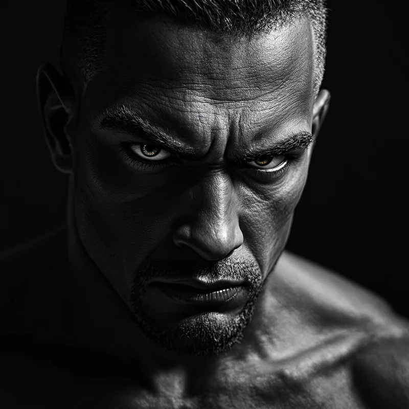 dominant avatar image with serious expression and dark gradient background