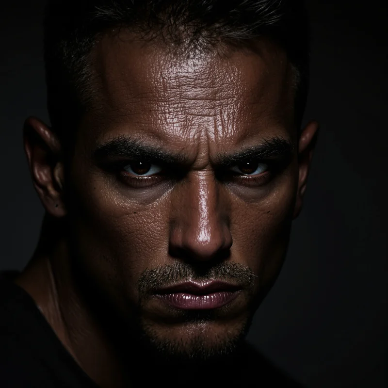 hard aesthetic avatar with steel-toned studio wall and neutral shadow palette