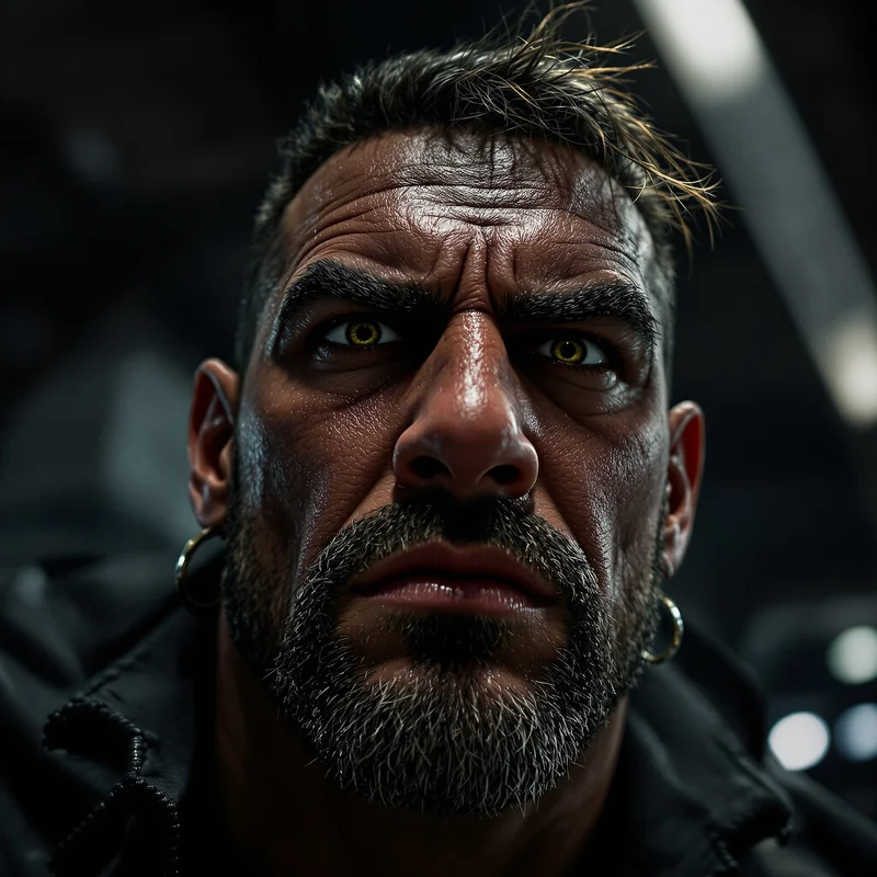 rugged avatar PFP with low-angle portrait and sharp overhead light