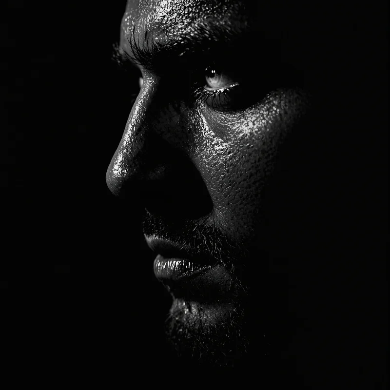 hard aesthetic avatar with minimal black backdrop and high-contrast grayscale