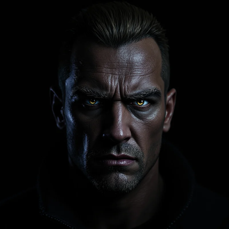 strong avatar portrait using cold side lighting and industrial minimalism