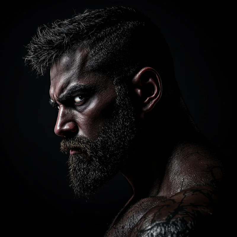 dominant avatar image with intense stare and dark gradient background