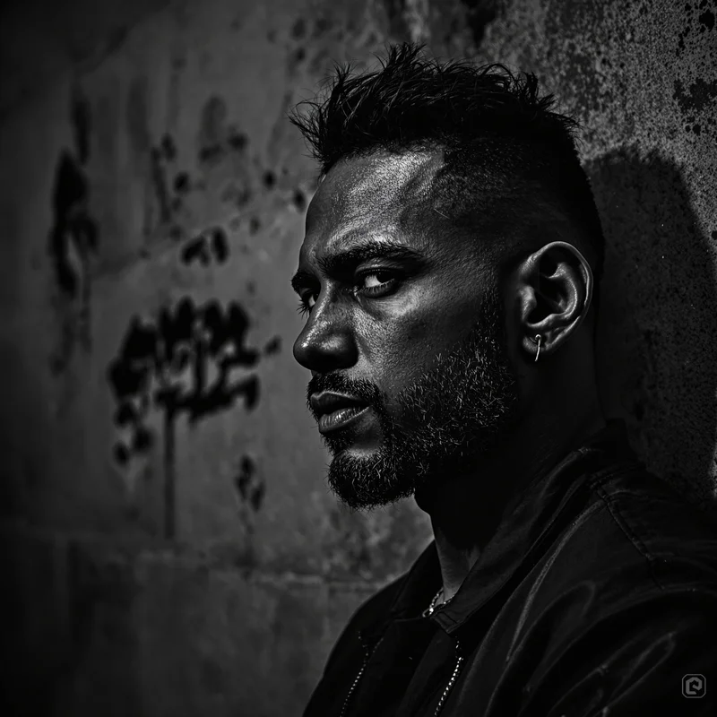 rugged avatar PFP with side profile framing and hard shadow lighting